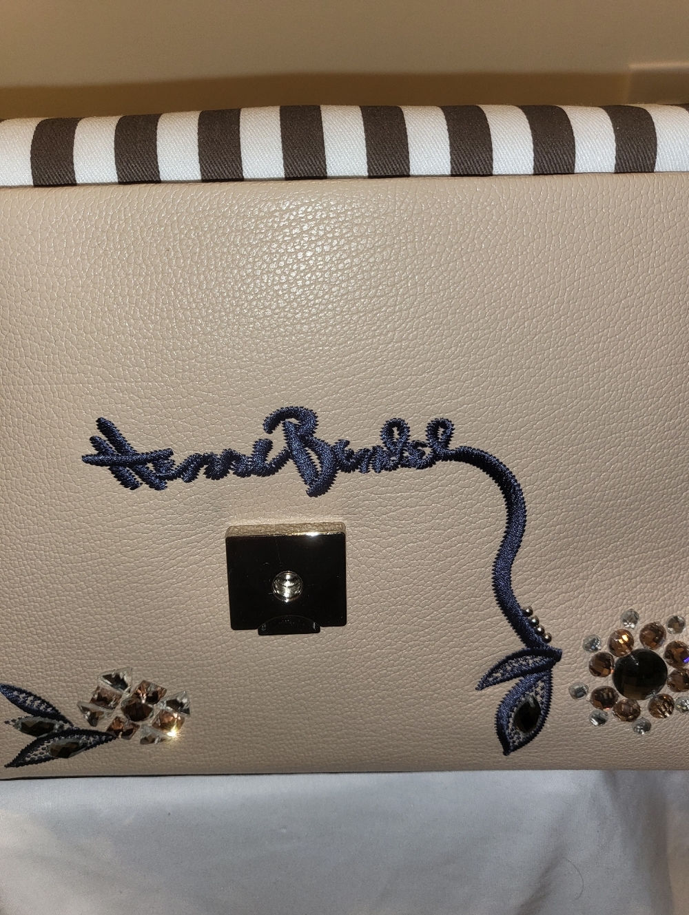 henri bendel Beige Satchel with Blue Floral Embroidery & Crystal Accents - Picture 6 of 10